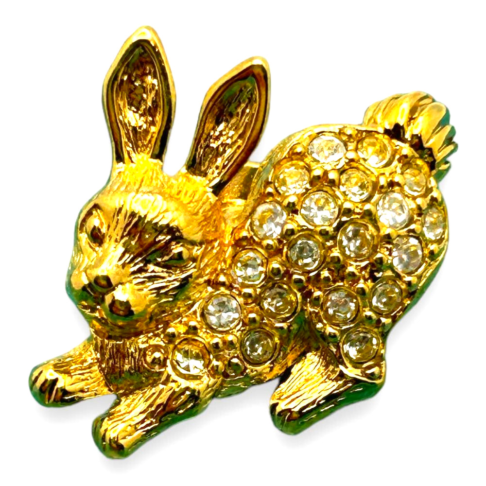Vintage AVON Bunny Rabbit Gold-tone Rhinestone Pin 1993